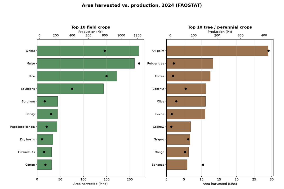 Area harvested vs. production for the top 10 field crops and top 10 tree crops