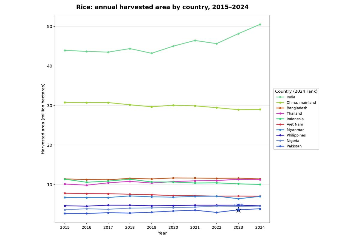 Rice: annual harvested area by country, 2015 to 2024