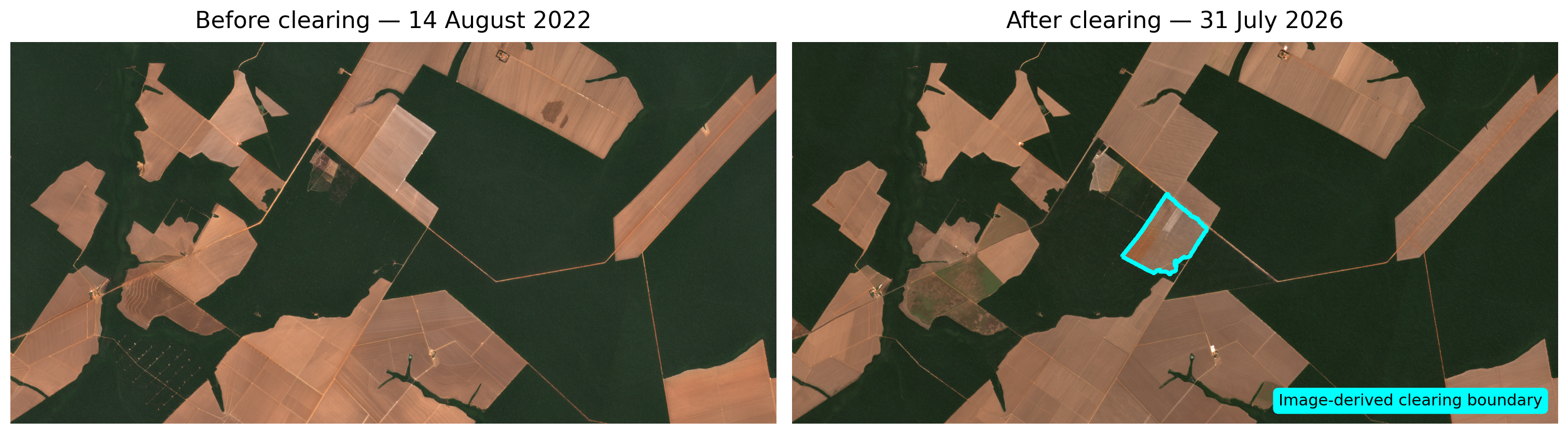 Natural-colour satellite comparison before and after clearing in Mato Grosso