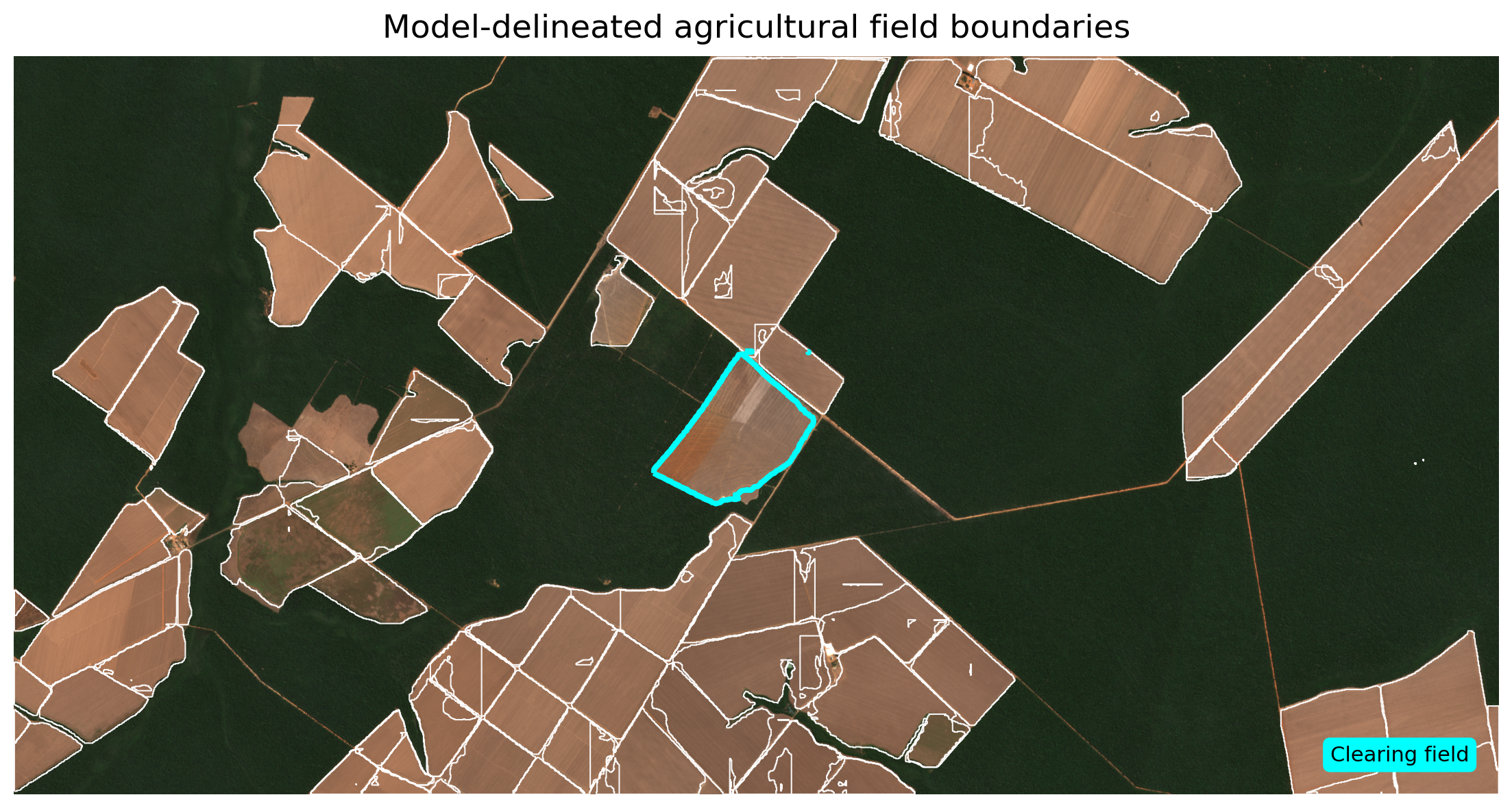 Model-delineated agricultural field boundaries with the clearing field highlighted in cyan