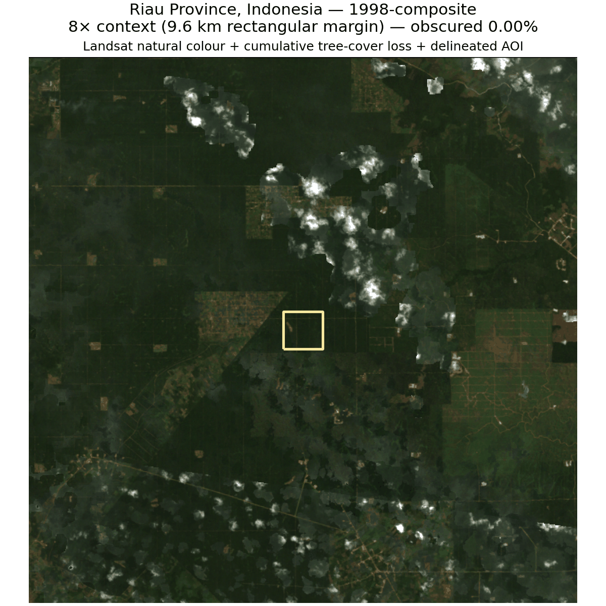 Annual Landsat natural-colour animation with cumulative tree-cover loss and the plantation-field area of interest