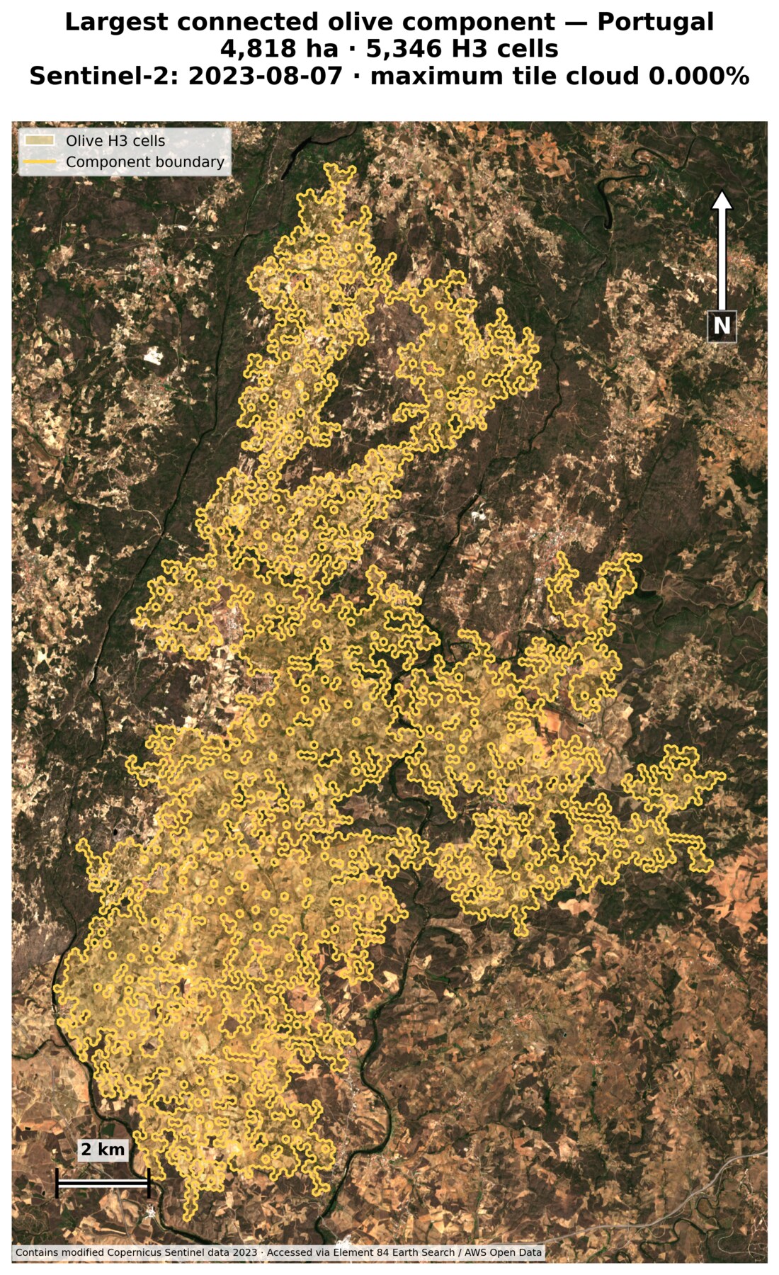 Largest selected Portuguese connected olive component shown as translucent H3 cells over Sentinel-2 imagery