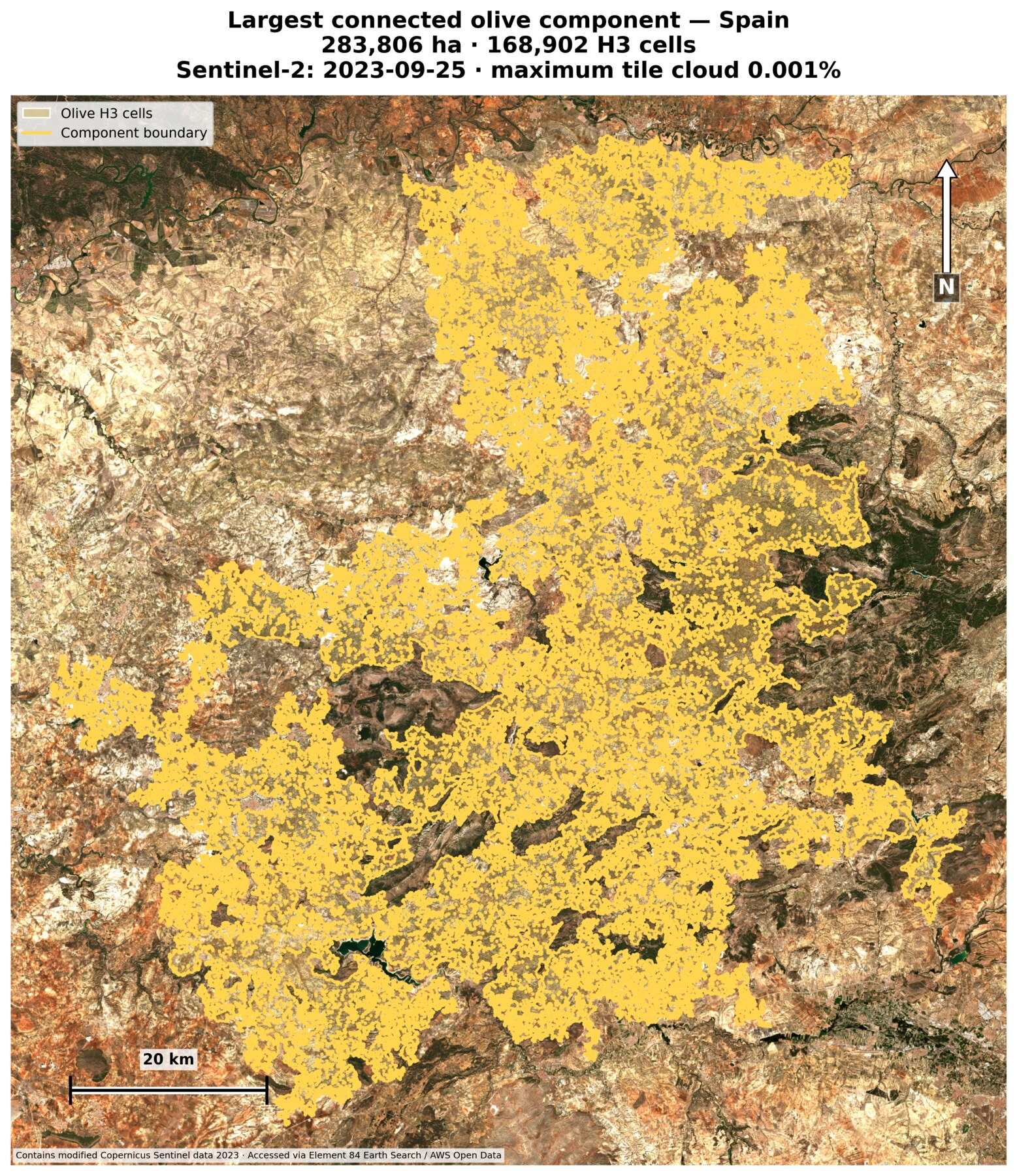 Largest selected Spanish connected olive component shown as translucent H3 cells over Sentinel-2 imagery