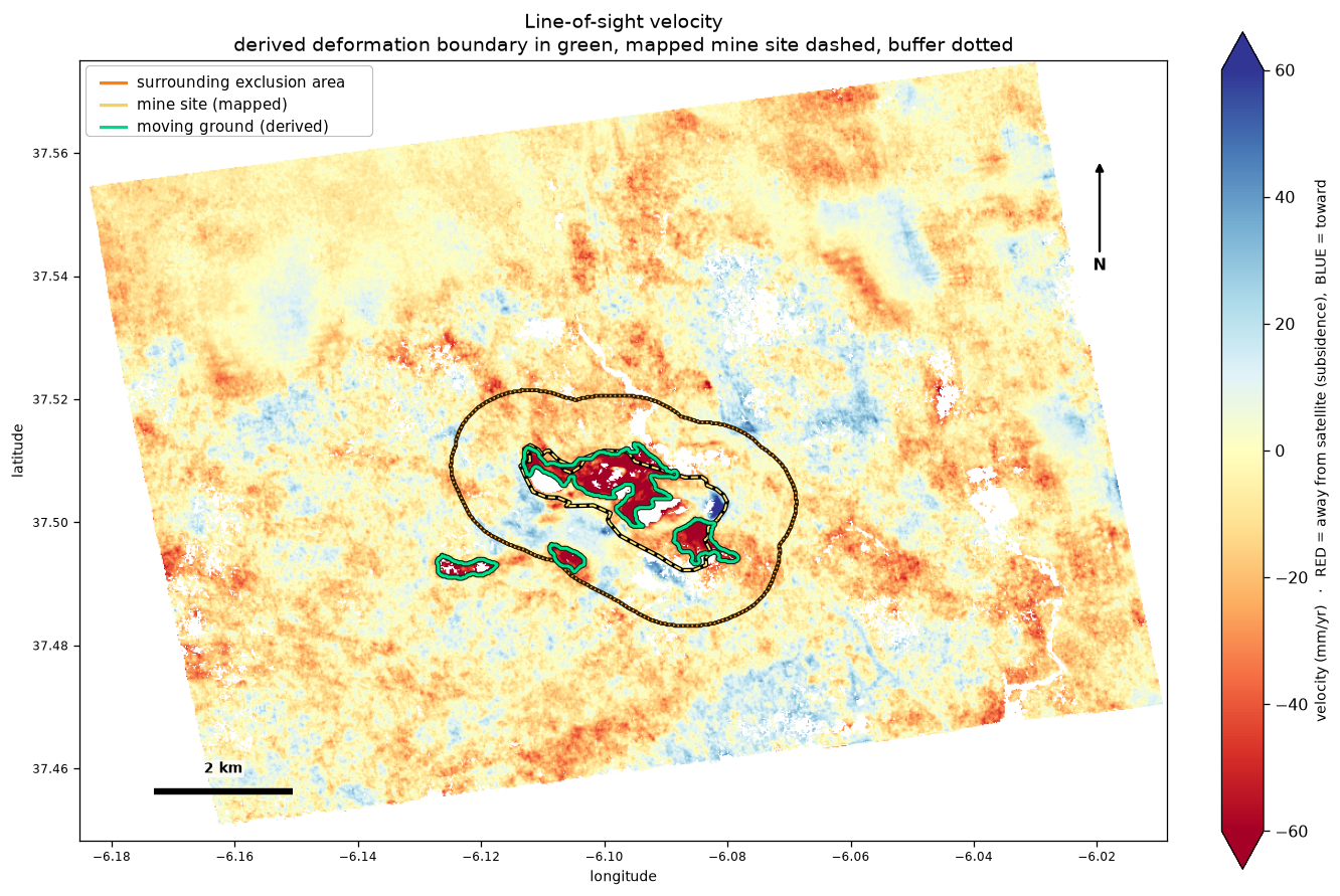 Cobre Las Cruces line-of-sight velocity map with the mapped mine site and radar-derived moving-area outlines