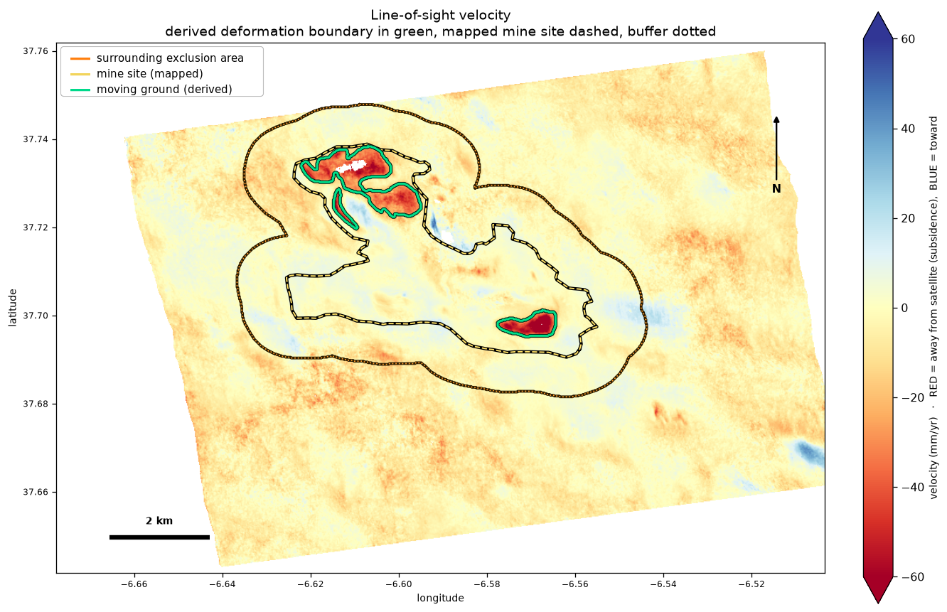 Riotinto line-of-sight velocity map with the mapped mine site and radar-derived moving-area outlines